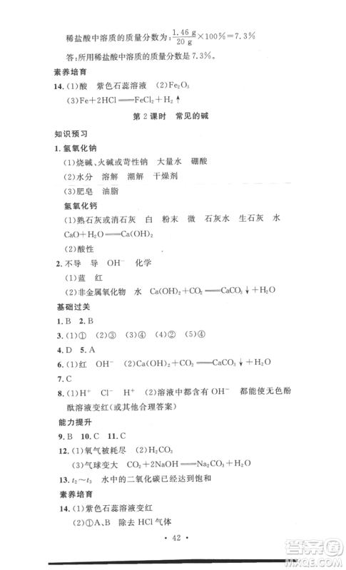 安徽人民出版社2022思路教练同步课时作业九年级化学人教版参考答案