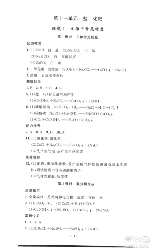 安徽人民出版社2022思路教练同步课时作业九年级化学人教版参考答案