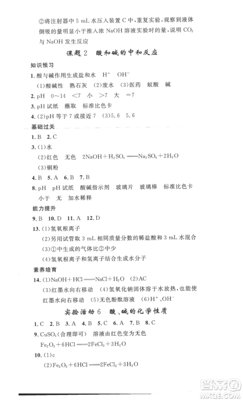 安徽人民出版社2022思路教练同步课时作业九年级化学人教版参考答案