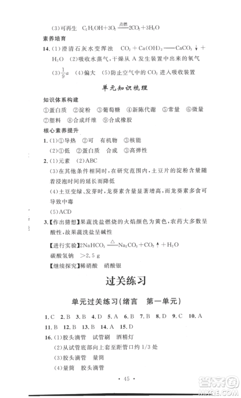 安徽人民出版社2022思路教练同步课时作业九年级化学人教版参考答案