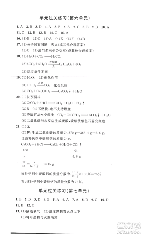 安徽人民出版社2022思路教练同步课时作业九年级化学人教版参考答案