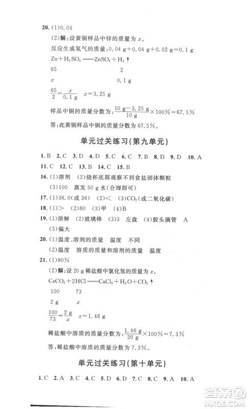 安徽人民出版社2022思路教练同步课时作业九年级化学人教版参考答案