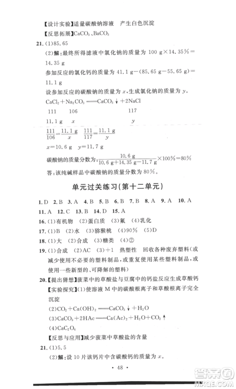 安徽人民出版社2022思路教练同步课时作业九年级化学人教版参考答案