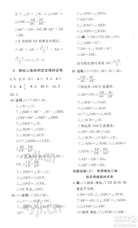 安徽人民出版社2022思路教练同步课时作业九年级数学北师大版参考答案
