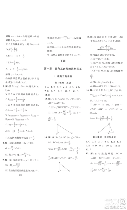 安徽人民出版社2022思路教练同步课时作业九年级数学北师大版参考答案