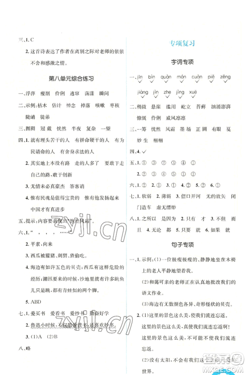 人民教育出版社2022人教金学典同步解析与测评学考练六年级上册语文人教版参考答案