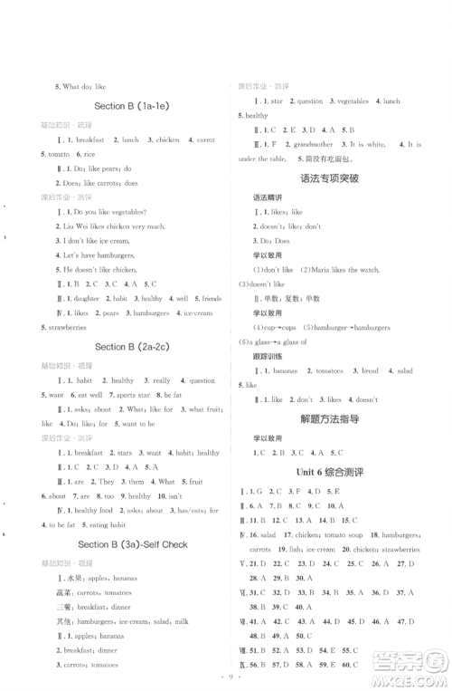 人民教育出版社2022人教金学典同步解析与测评学考练七年级上册英语人教版参考答案