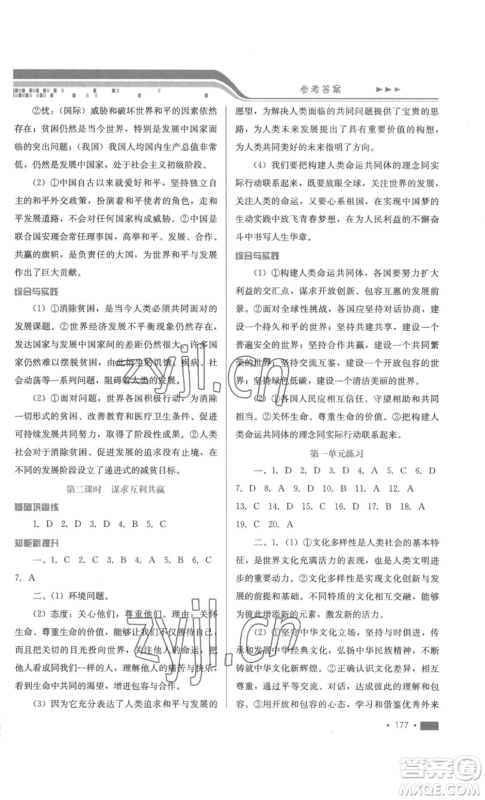河北少年儿童出版社2022新练习巩固方案九年级道德与法治人教版参考答案