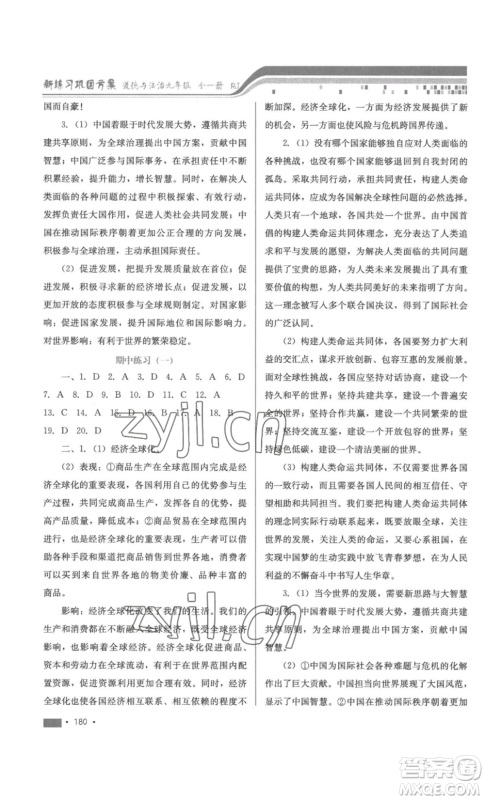 河北少年儿童出版社2022新练习巩固方案九年级道德与法治人教版参考答案