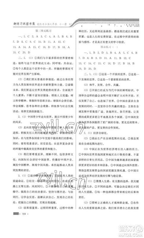 河北少年儿童出版社2022新练习巩固方案九年级道德与法治人教版参考答案