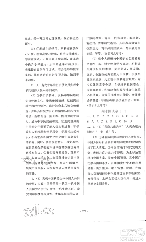 河北少年儿童出版社2022新练习巩固方案九年级道德与法治人教版参考答案