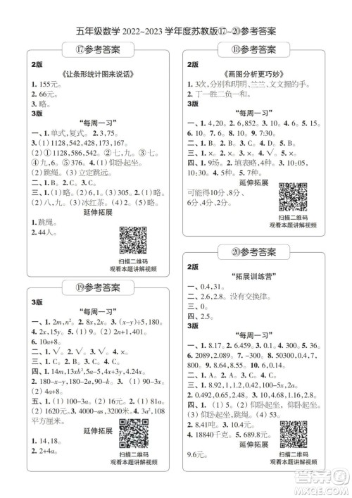 时代学习报数学周刊2022-2023学年度五年级苏教版17-20期答案 时代学习报数学周刊2022-2023学年度五年级苏教版17-20期答案