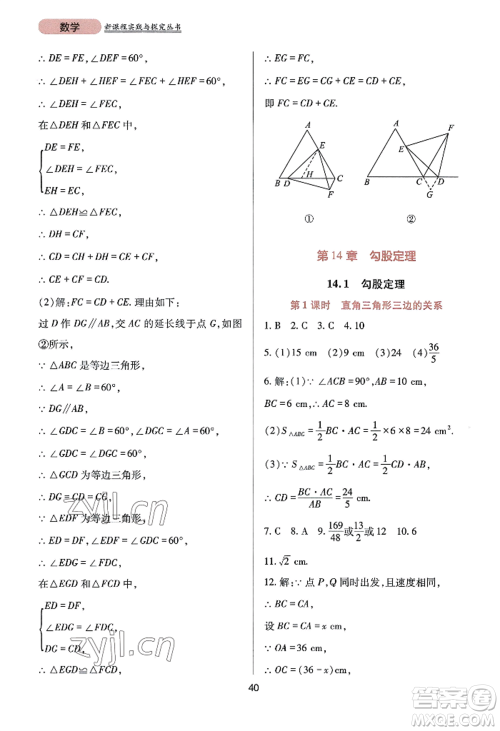 四川教育出版社2022新课程实践与探究丛书八年级上册数学华师大版参考答案