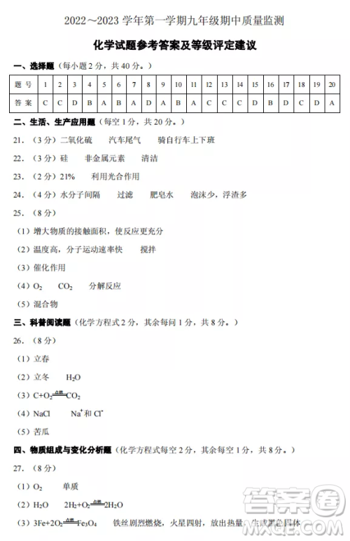 太原市2022-2023学年第一学期九年级期中质量检测化学试卷答案 太原市2022-2023学年第一学期九年级期中质量检测化学试卷答案