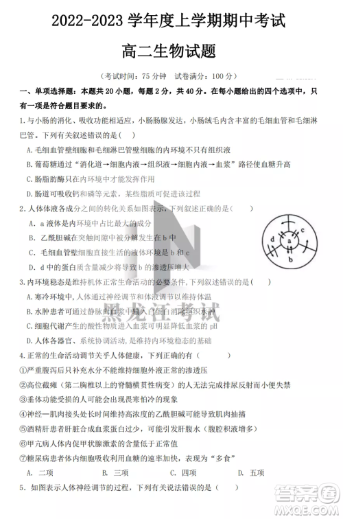鹤岗一中2022-2023高二上学期生物11月期中考试试题答案