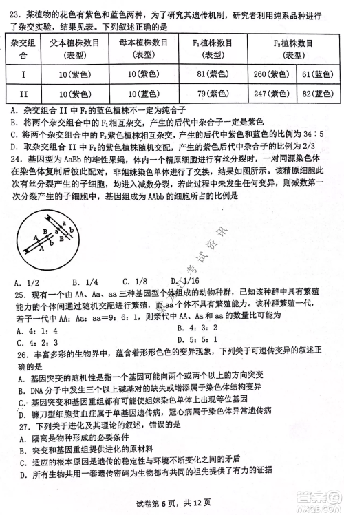 齐齐哈尔市部分地区高三上学期期中考试生物试题答案