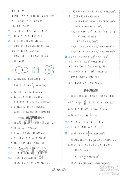 中州古籍出版社2022全能练考卷六年级上册数学人教版参考答案