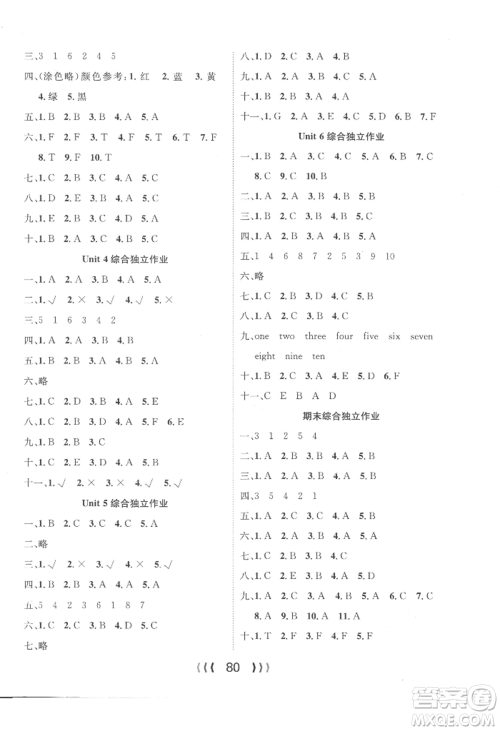 长江少年儿童出版社2022优质课堂导学案三年级上册英语人教版参考答案