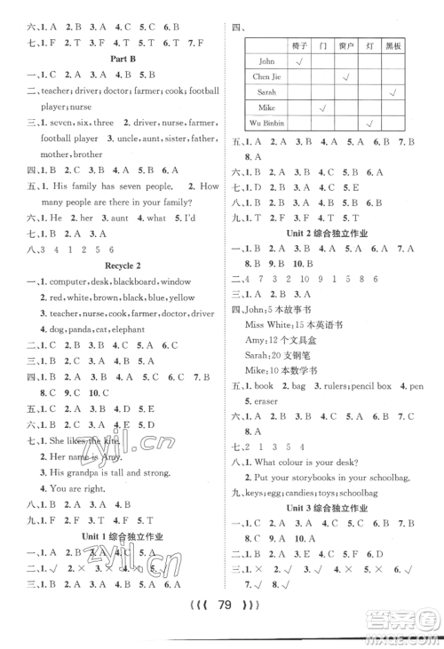 长江少年儿童出版社2022优质课堂导学案四年级上册英语人教版参考答案