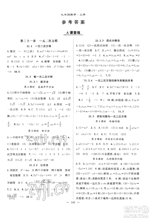 长江少年儿童出版社2022优质课堂导学案B自主作业九年级上册数学人教版参考答案