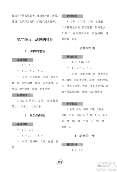 大象出版社2022科学探究与训练三年级上册通用版参考答案