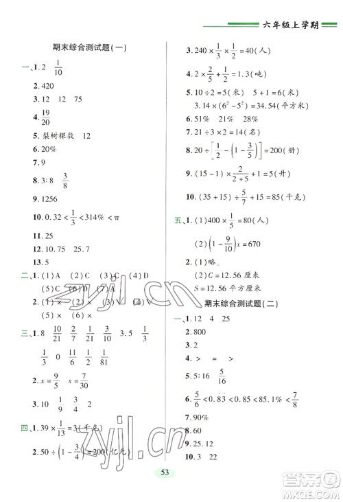 青岛出版社2022新课堂学习与探究六年级上册数学人教版参考答案