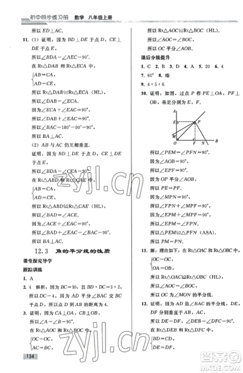 人民教育出版社2022同步练习册八年级数学上册人教版山东专版参考答案