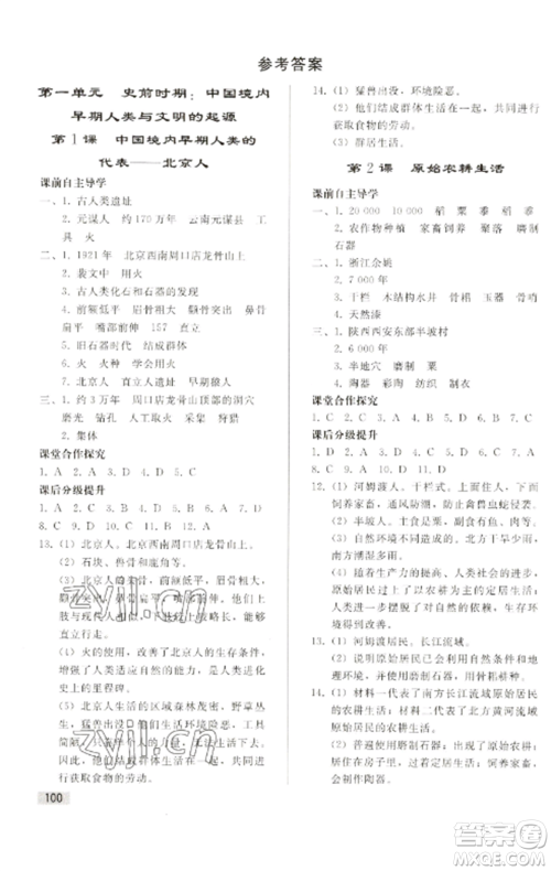 人民教育出版社2022同步练习册七年级历史上册人教版山东专版参考答案