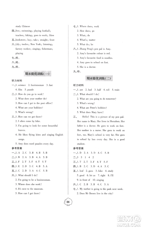 青岛出版社2022新课堂同步学习与探究提优训练六年级上册英语人教版参考答案