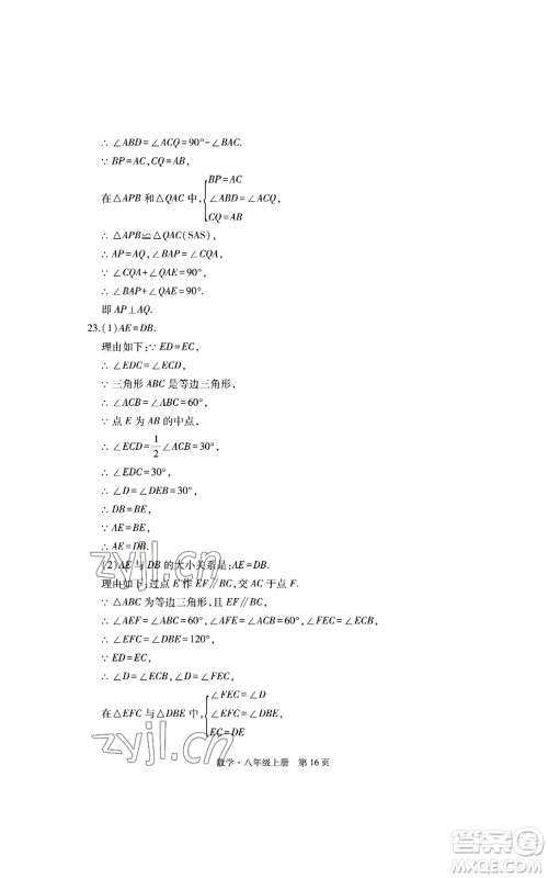 明天出版社2022初中同步练习册自主测试卷八年级上册数学人教版参考答案