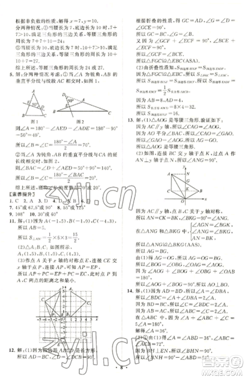 山东教育出版社2022初中同步练习册分层卷八年级数学上册青岛版参考答案