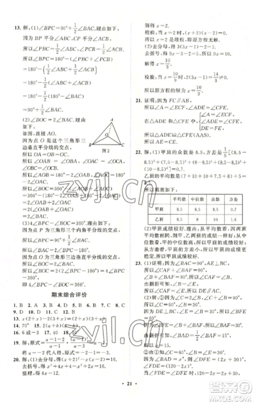 山东教育出版社2022初中同步练习册分层卷八年级数学上册青岛版参考答案