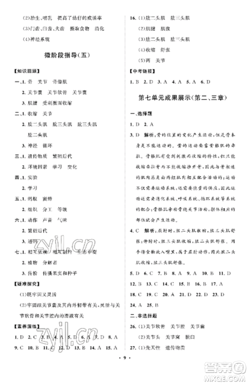 山东教育出版社2022初中同步练习册分层卷八年级生物上册鲁科版五四制参考答案 山东教育出版社2022初中同步练习册分层卷八年级生物上册鲁科版五四制参考答案