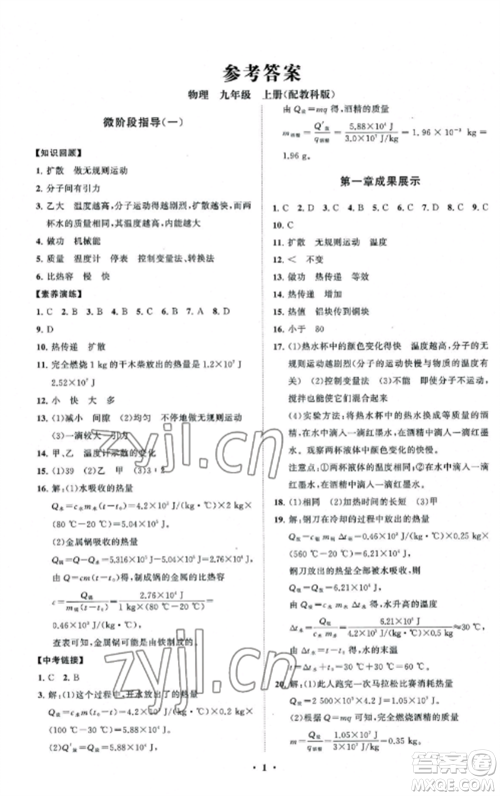 山东教育出版社2022初中同步练习册分层卷九年级物理上册教科版参考答案