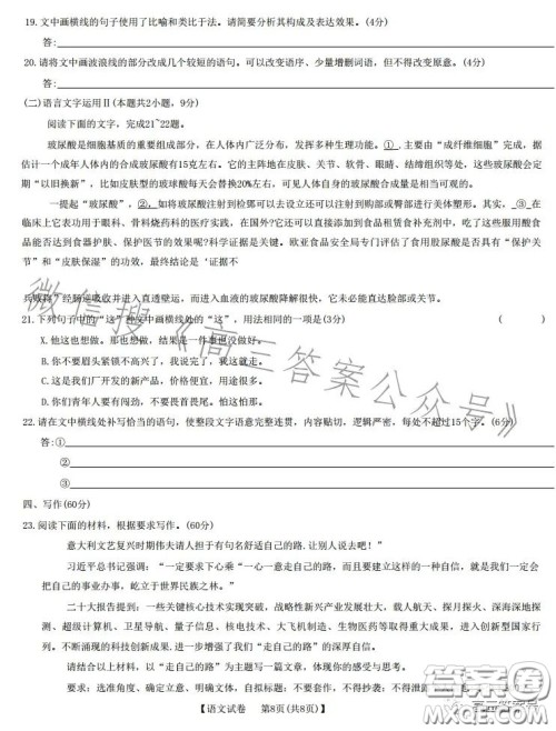 合肥九校2022-2023学年高三年级上学期阶段联考语文试卷答案 合肥九校2022-2023学年高三年级上学期阶段联考语文试卷答案