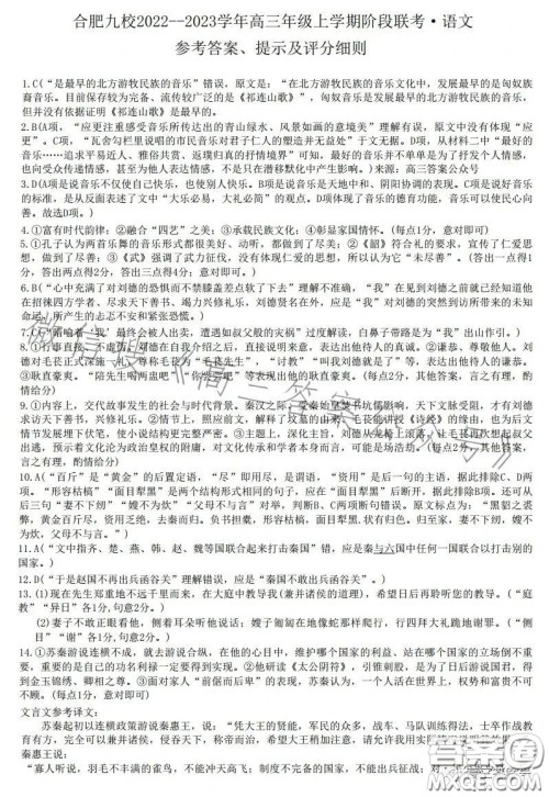 合肥九校2022-2023学年高三年级上学期阶段联考语文试卷答案 合肥九校2022-2023学年高三年级上学期阶段联考语文试卷答案