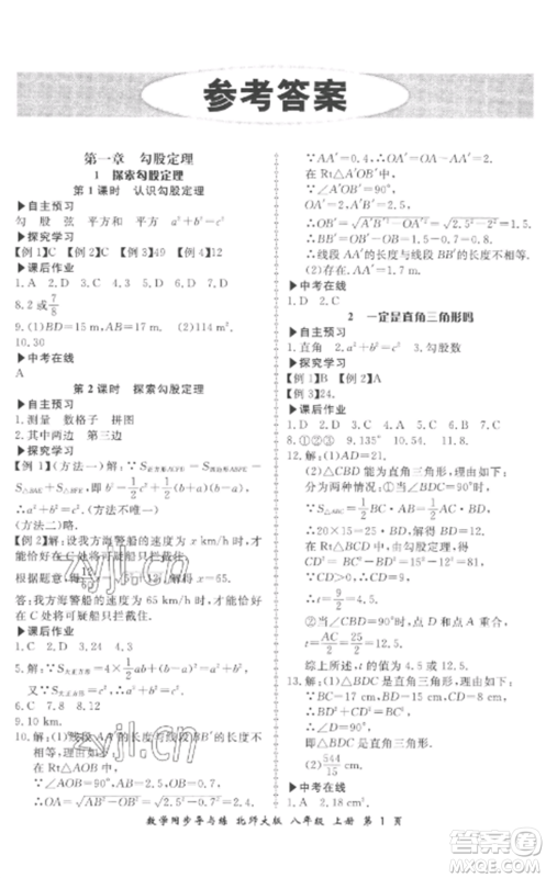 郑州大学出版社2022新学案同步导与练八年级数学上册北师大版参考答案