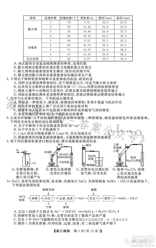 2022-2023学年金科大联考高三12月质量检测理科综合试卷答案 2022-2023学年金科大联考高三12月质量检测理科综合试卷答案