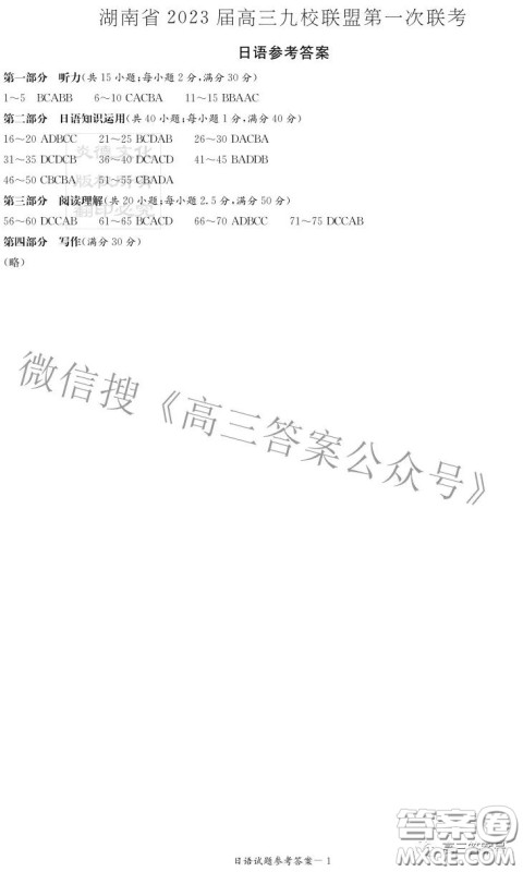 湖南省2023届高三九校联盟第一次联考日语试卷答案 湖南省2023届高三九校联盟第一次联考日语试卷答案