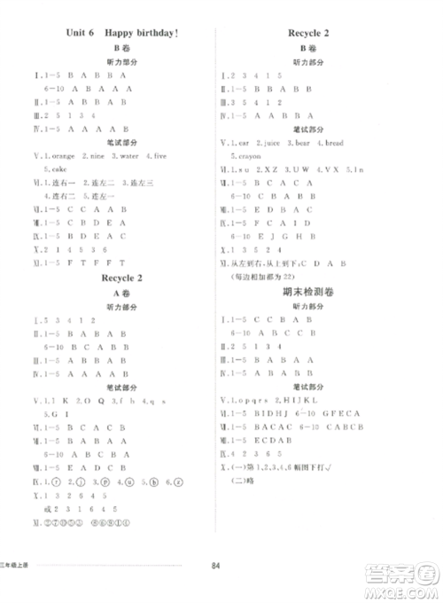 山东科学技术出版社2022同步练习册配套单元自测卷三年级英语上册人教版参考答案