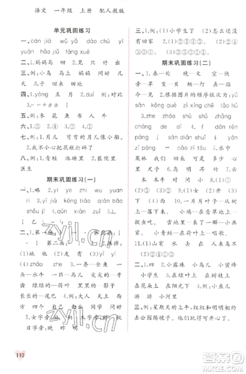 广西教育出版社2022新课程学习与测评同步学习一年级语文上册人教版参考答案
