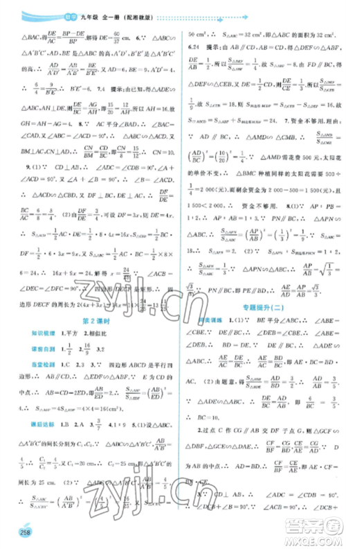 广西教育出版社2022新课程学习与测评同步学习九年级数学全册湘教版参考答案