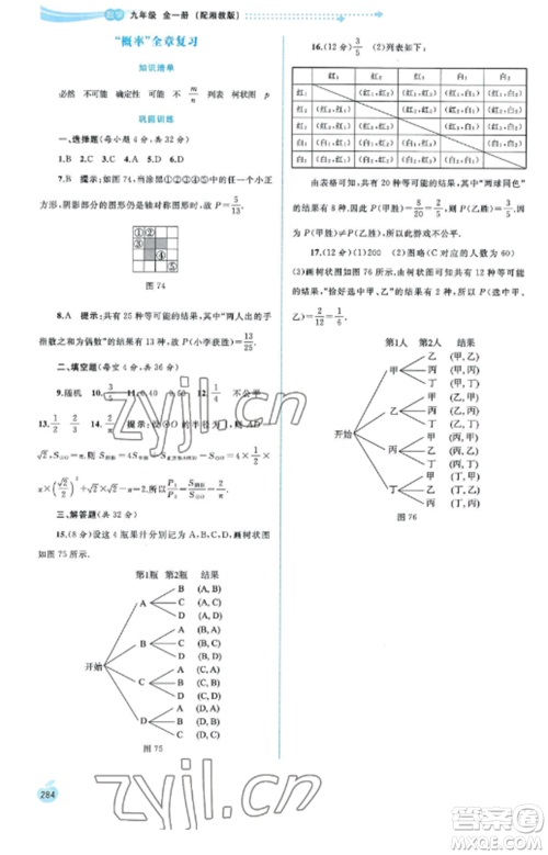 广西教育出版社2022新课程学习与测评同步学习九年级数学全册湘教版参考答案