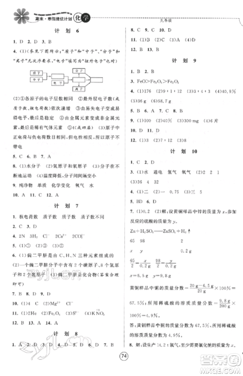 南京大学出版社2022期末寒假提优计划九年级化学全册沪科版参考答案