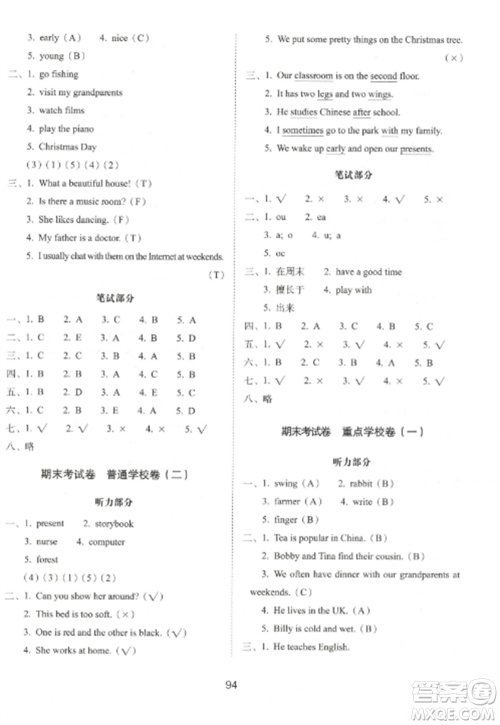 长春出版社2022期末冲刺100分完全试卷五年级英语上册译林版参考答案