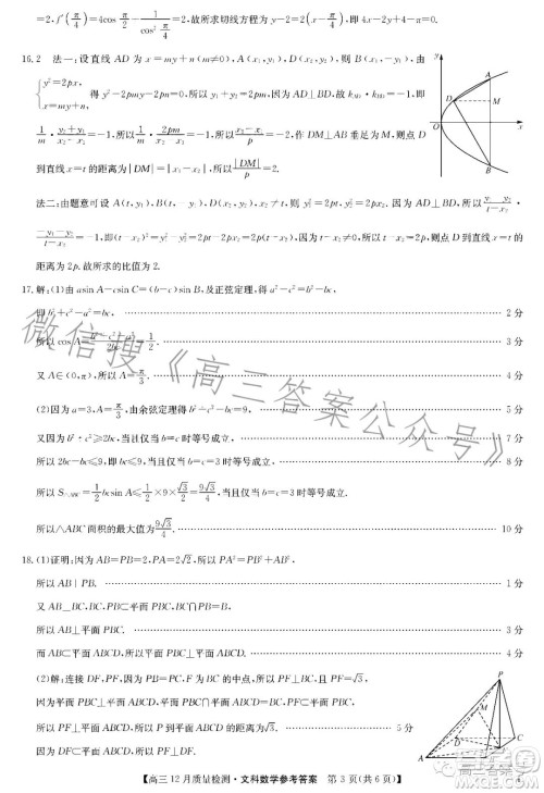 2023届九师联盟高考高三12月质量检测文科数学试卷答案