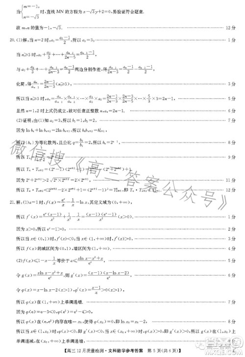 2023届九师联盟高考高三12月质量检测文科数学试卷答案