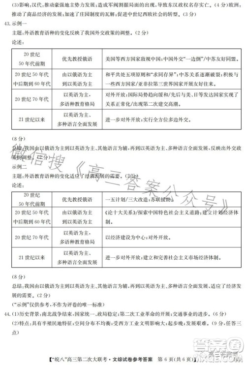 2023届皖南八校高三第二次大联考文科综合试卷答案 2023届皖南八校高三第二次大联考文科综合试卷答案