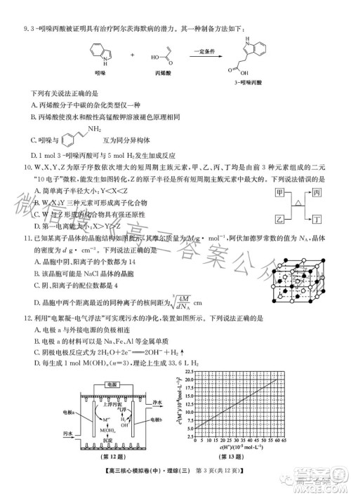 九师联盟2023届新高考高三核心模拟卷三理科综合试卷答案