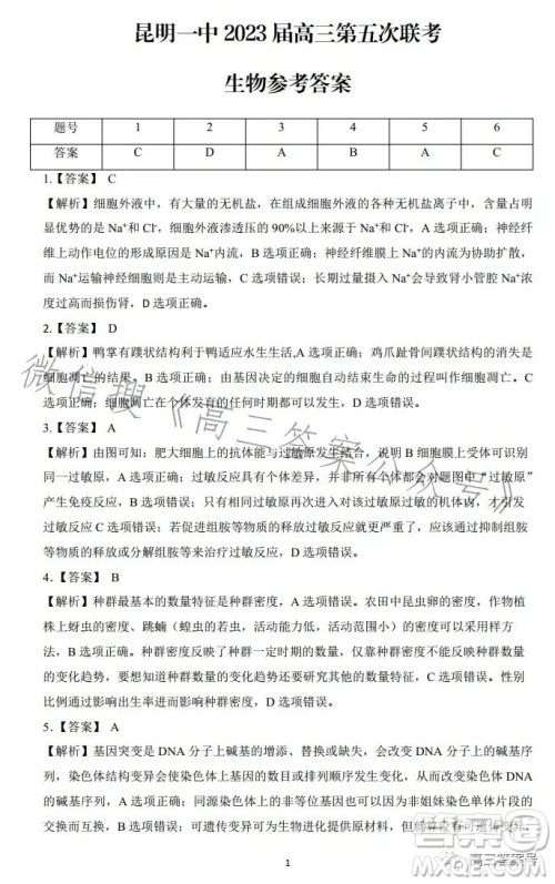 昆明市第一中学2023届高中新课标高三第五次二轮复习检测理科综合试卷答案 昆明市第一中学2023届高中新课标高三第五次二轮复习检测理科综合试卷答案